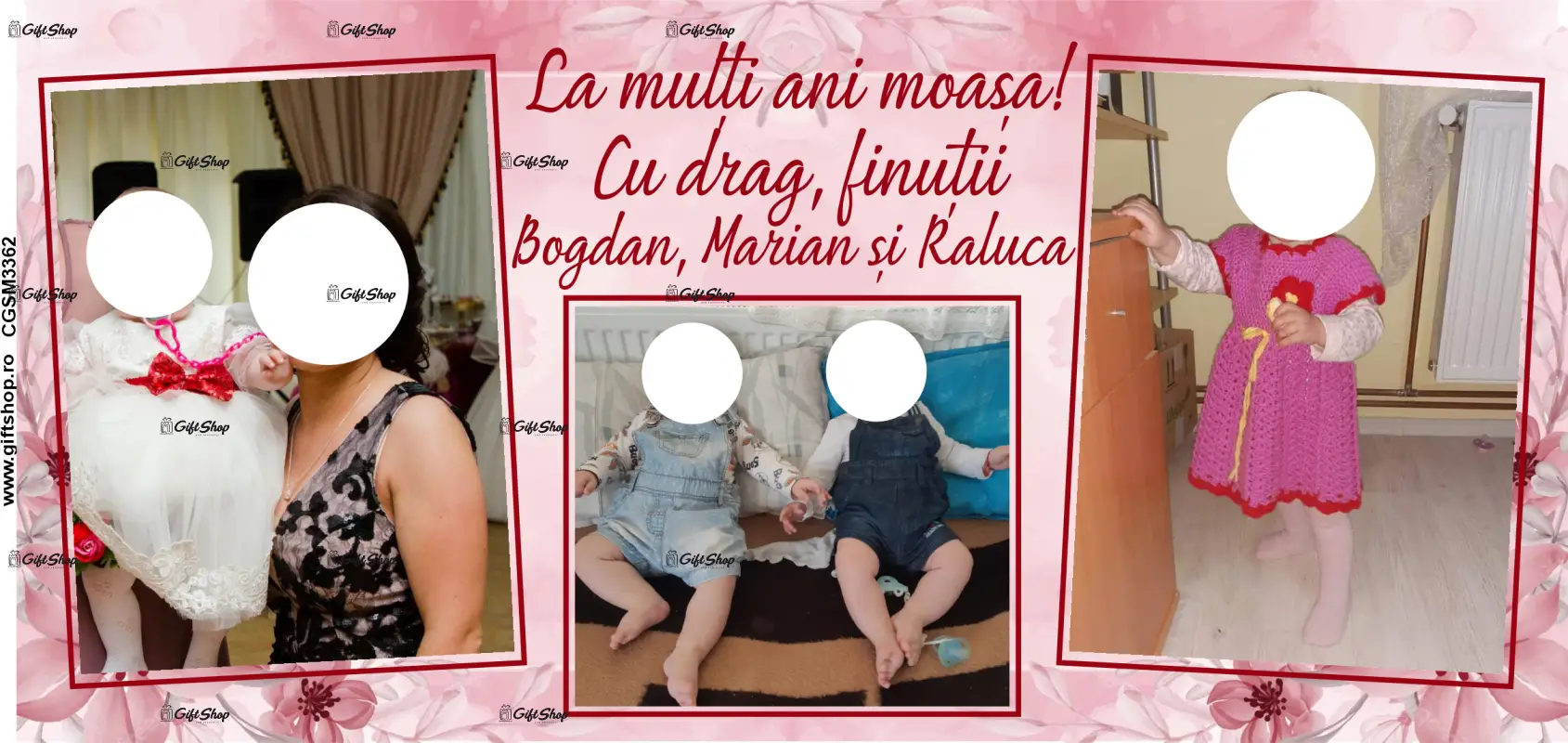 La multi ani moasa, cu drag finutii, cana personalizata cu 3 poze si text, 330ml, model 3362